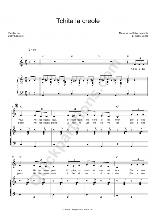 Tchita la créole Piano Sheet Music from Boby Lapointe
