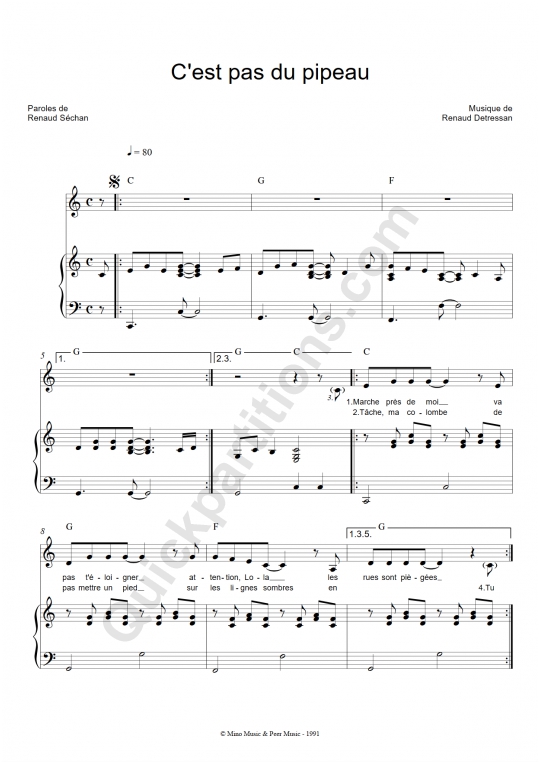 Partition piano C'est pas du pipeau - Renaud