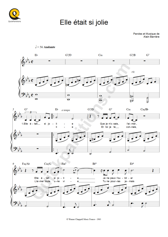 Partition piano Elle était si jolie - Alain Barrière