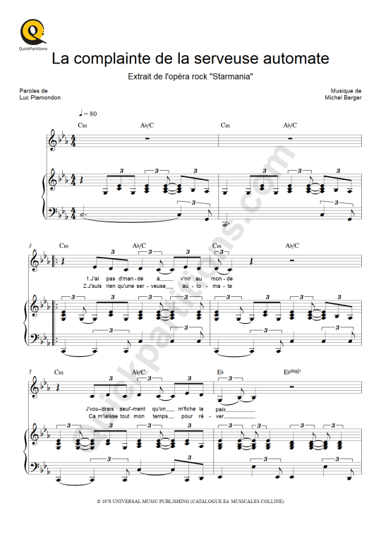 La complainte de la serveuse automate Piano Sheet Music - Starmania