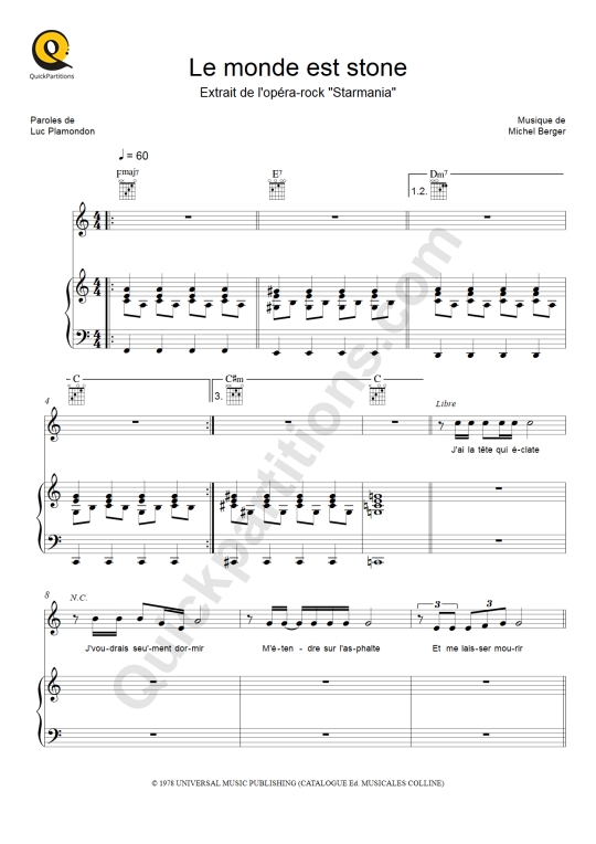 Le monde est stone Piano Sheet Music - Starmania