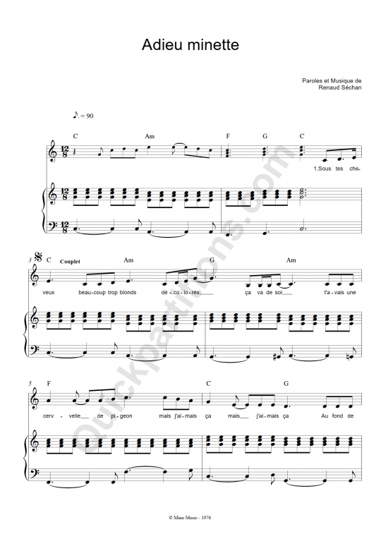 Partition piano Adieu minette - Renaud