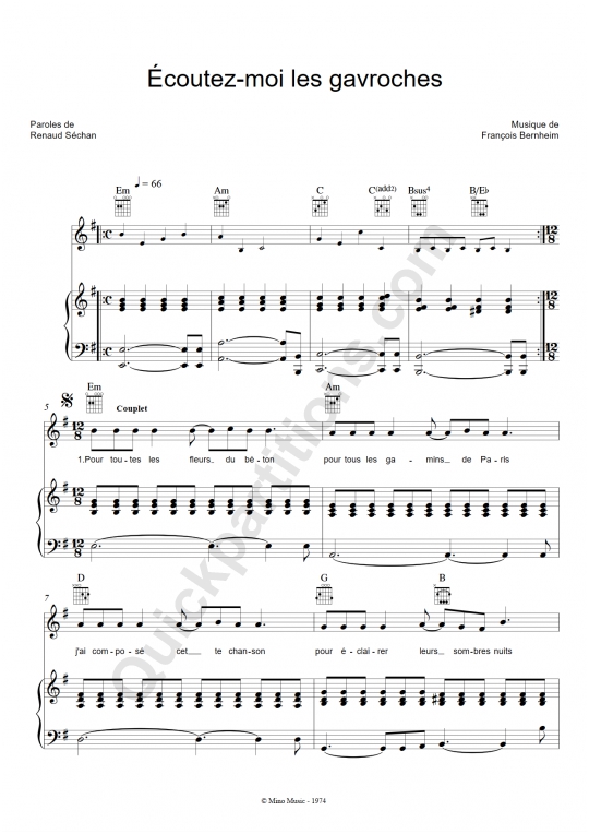 Partition piano Ecoutez-moi les gavroches - Renaud