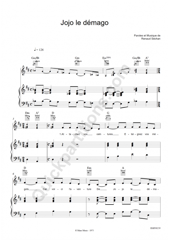 Partition piano Jojo le démago - Renaud