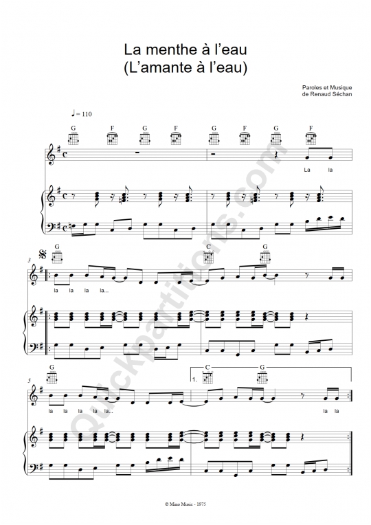 Partition piano La menthe à l'eau (L'amante à l'eau) - Renaud