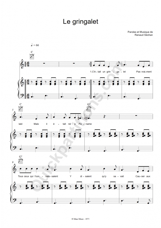 Partition piano Le gringalet - Renaud