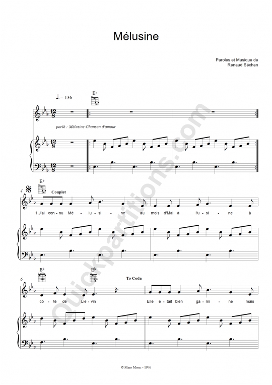 Partition piano Mélusine - Renaud