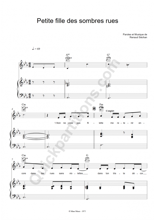 Partition piano Petite fille des sombres rues - Renaud