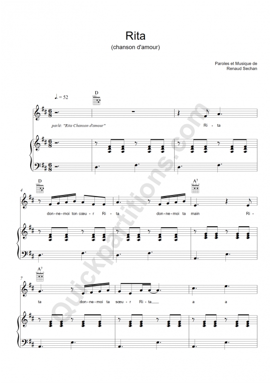 Partition piano Rita (chanson d'amour) - Renaud