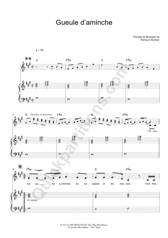 Partition piano Gueule d'aminche - Renaud